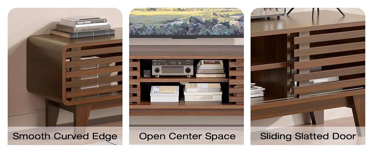 Amazon.com: Luoxiao Tv Stand For 60 Inch Tv, Mid Century Modern ... in Mid Century Modern Tv Stand, Sliding Slatted Doors & Center Drawer, Charcoal