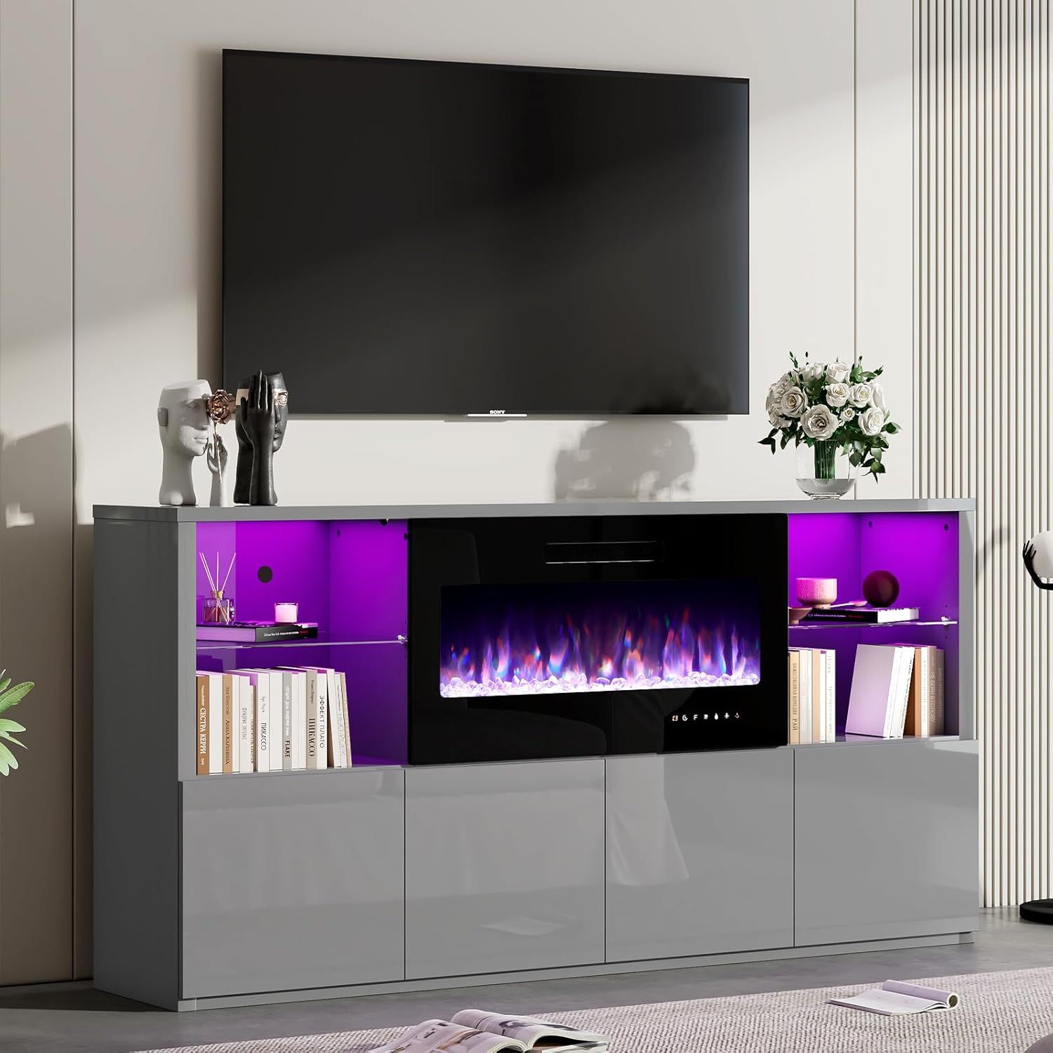 Amazon.com: Luxoak 68" Modern Fireplace Tv Stand For Tvs Up To 75 ... with Modern Fireplace Tv Stand, High Gloss Entertainment Center, Fits Tvs Up To 90", White
