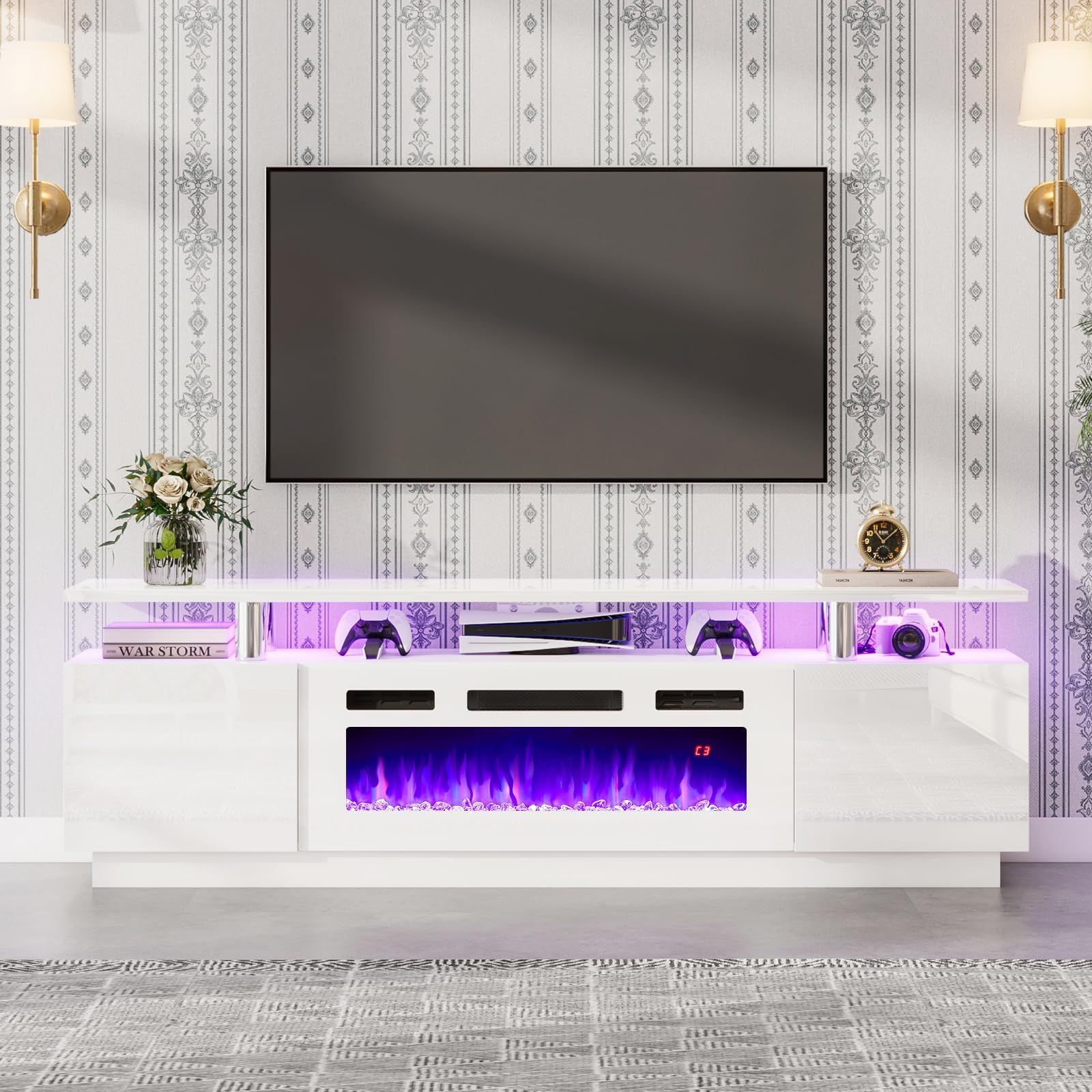 Amazon.com: Meble Furniture Luxe Bl-Ef Floating Fireplace Tv Stand For ... intended for Minimalist Marvels: White Gloss Finishes for Contemporary Living Room Solutions