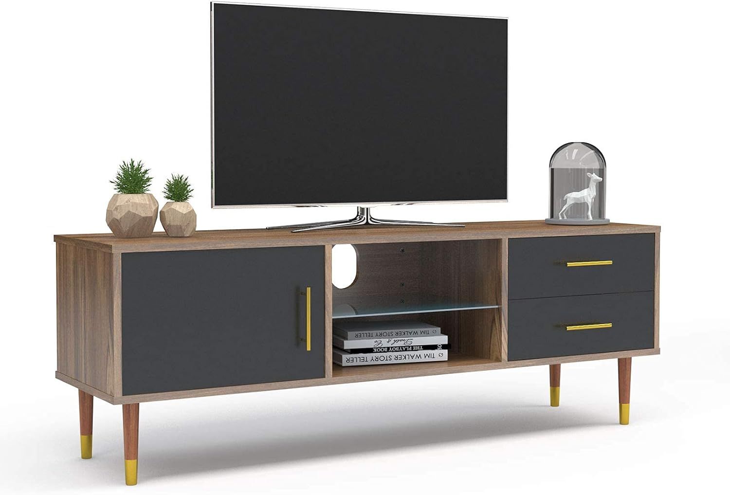 Amazon.com: Mecor Mid-Century Tv Stand For Tvs Up To 55’’, Media Tv ... pertaining to Mid Century Tv Stand, 2 Storage Cabinets & Center Open Glass Shelf