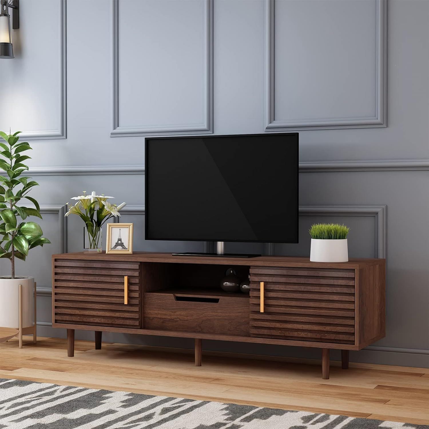 Amazon.com: Mid-Century Modern Tv Stand For Tvs Up To 65" Wood Tv ... for Creating visual balance with center drawer configurations