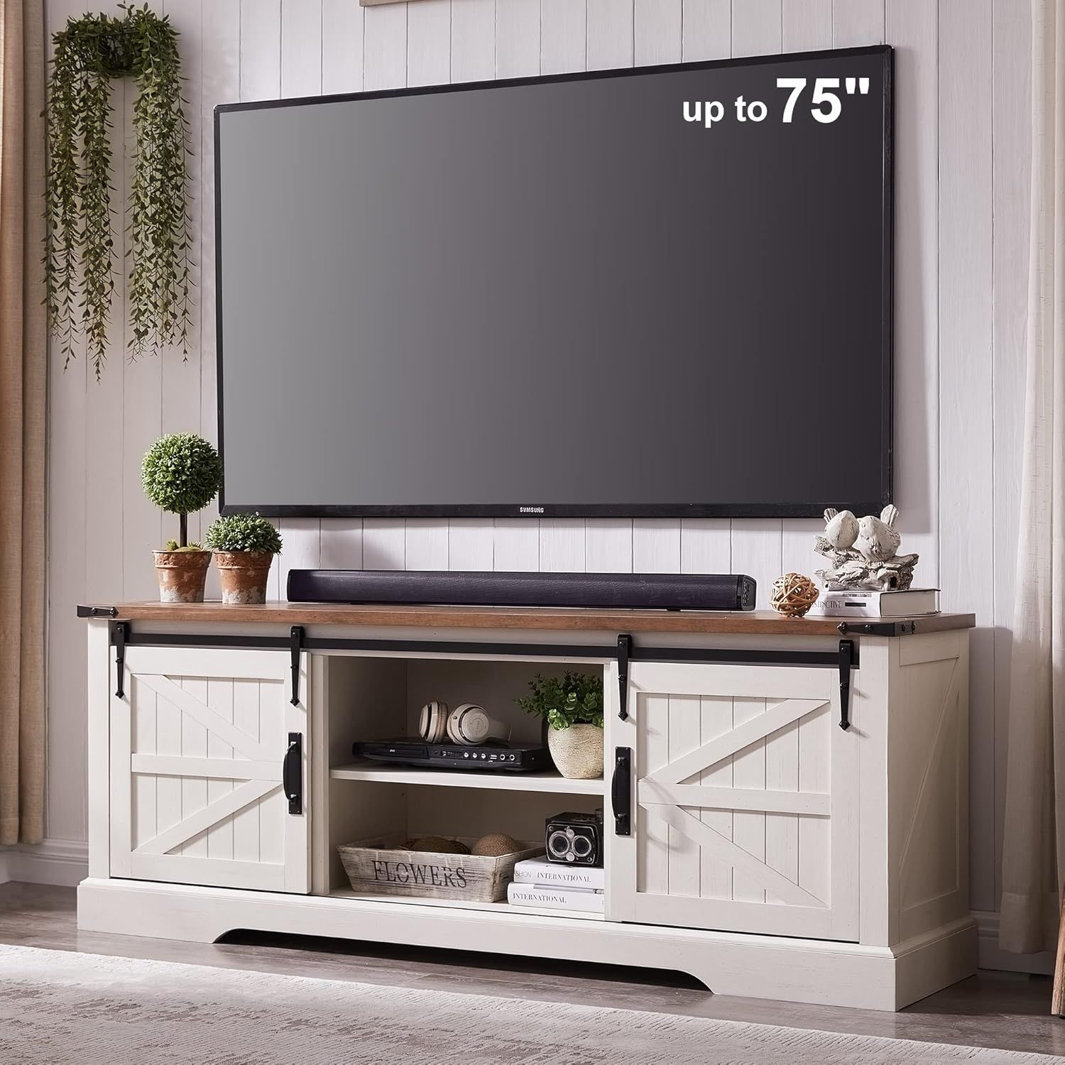 Amazon.com: Okd Farmhouse Tv Stand For 75 Inch Tv With Sliding Barn ... inside Rustic Barn Style 68" Wide Entertainment Console , Autumn Gold, Plank Top: Dark