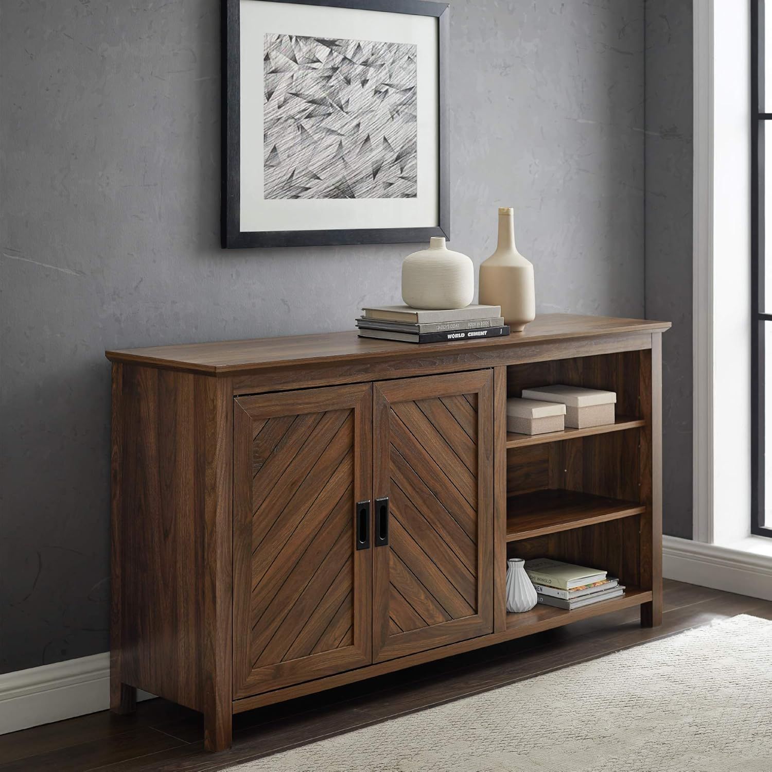 Amazon.com - Walker Edison Modern Wood Grooved Buffet Sideboard With ... for Classic Entertainment Center Grooved Doors And Middle Open Shelf, 58" Walnut