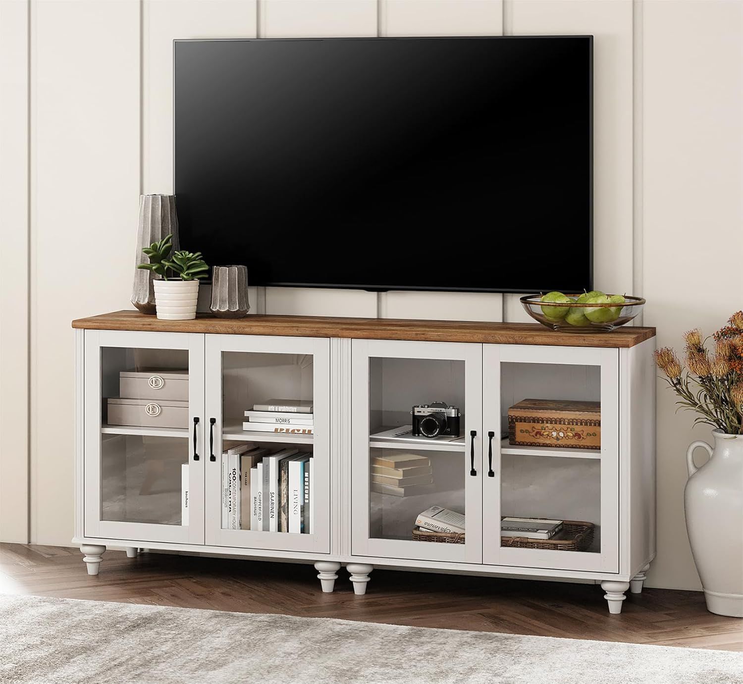 Amazon.com: Wampat Farmhouse Tv Stand For 75 Inch Tv With 4 Glass Doors ... inside Farmhouse Tv Stand, Tempered Glass Doors And Adjustable Inner Shelves, Salt Oak