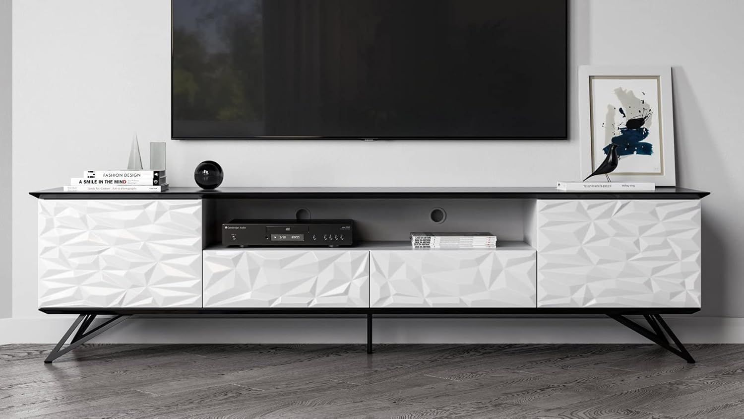 Amazon.com: Zuri 86.5" Wide Modern Vortice Tv Stand Glossy Black And ... intended for Exploring Geometric Patterns in Modern Home Entertainment Units