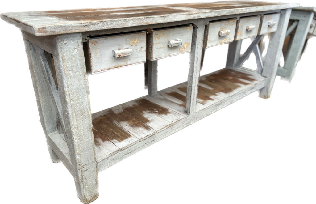 Antique French Pine Industrial Work Bench Kitchen Island Console, C ... in Rustic Barn Style 68" Wide Entertainment Console , Antique Black, Plank Top: Da