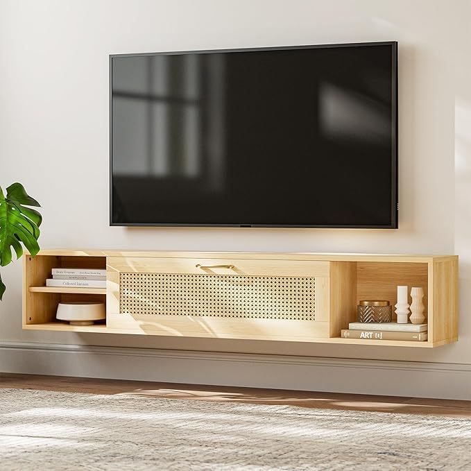 Aovsa Rattan Floating Tv Stand For 75 Inch Tv, Wood Wall Mounted Tv ... intended for Design Considerations for Floating TV Stands in Contemporary Homes