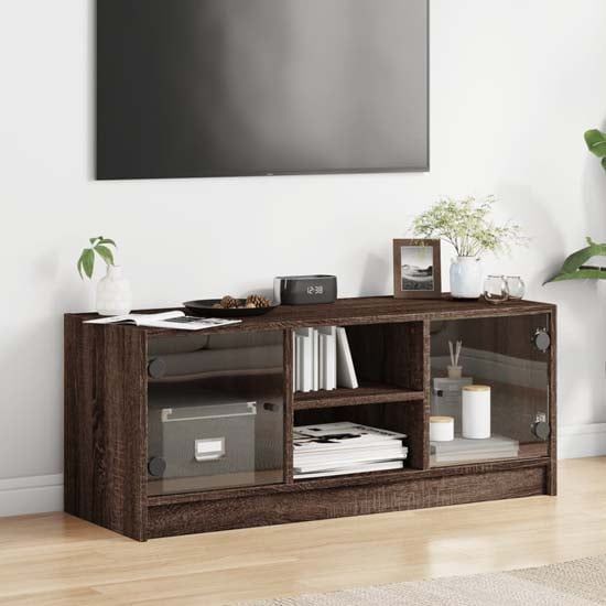 Avila Wooden Tv Stand With 2 Glass Doors In Brown Oak pertaining to Traditional Tv Stand, 2 Tempered Glass Doors &amp;amp; 2 Wooden Doors, Oak