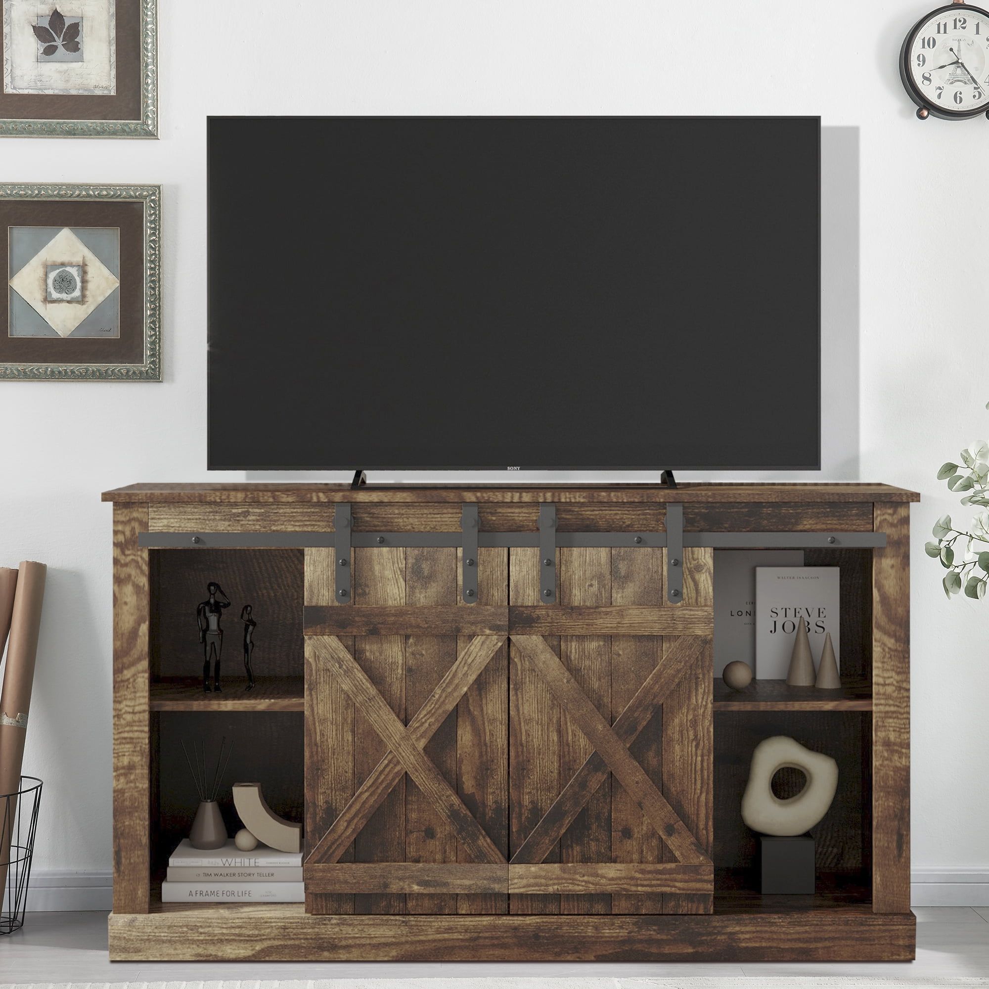 Btmway Farmhouse Barn Door Tv Stand, Rustic Oak Sliding Barn Door Tv ... with regard to Bayshore Multicolored Sliding Barn Door Tv Stand/Sideboard Console