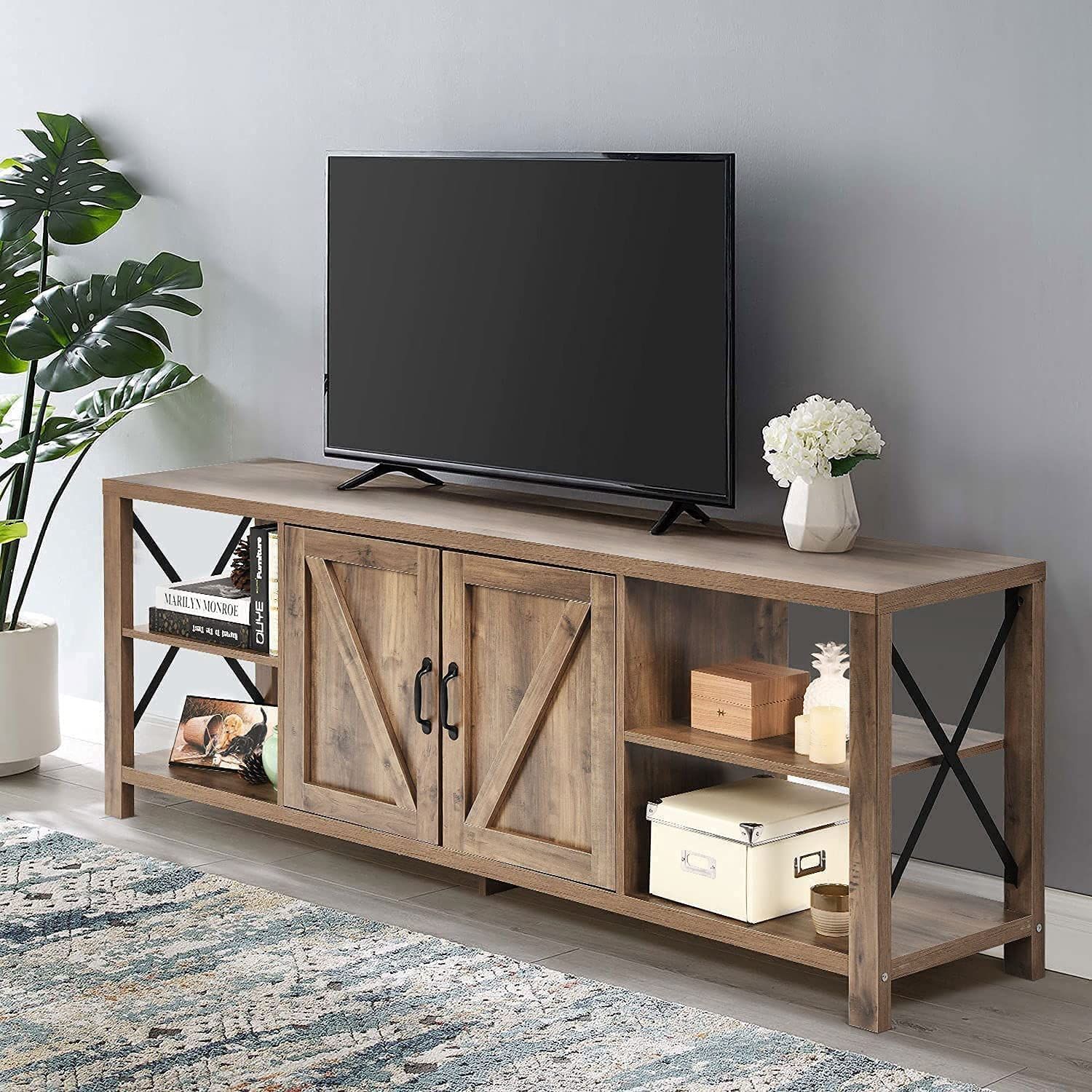 Buy 68 Inch Tv Stand Barn Door Entertainment Center Farmhouse, Rustic ... pertaining to Rustic Barn Style 68&amp;quot; Wide Entertainment Console , Burnt Cinnamon, Plank Top: D