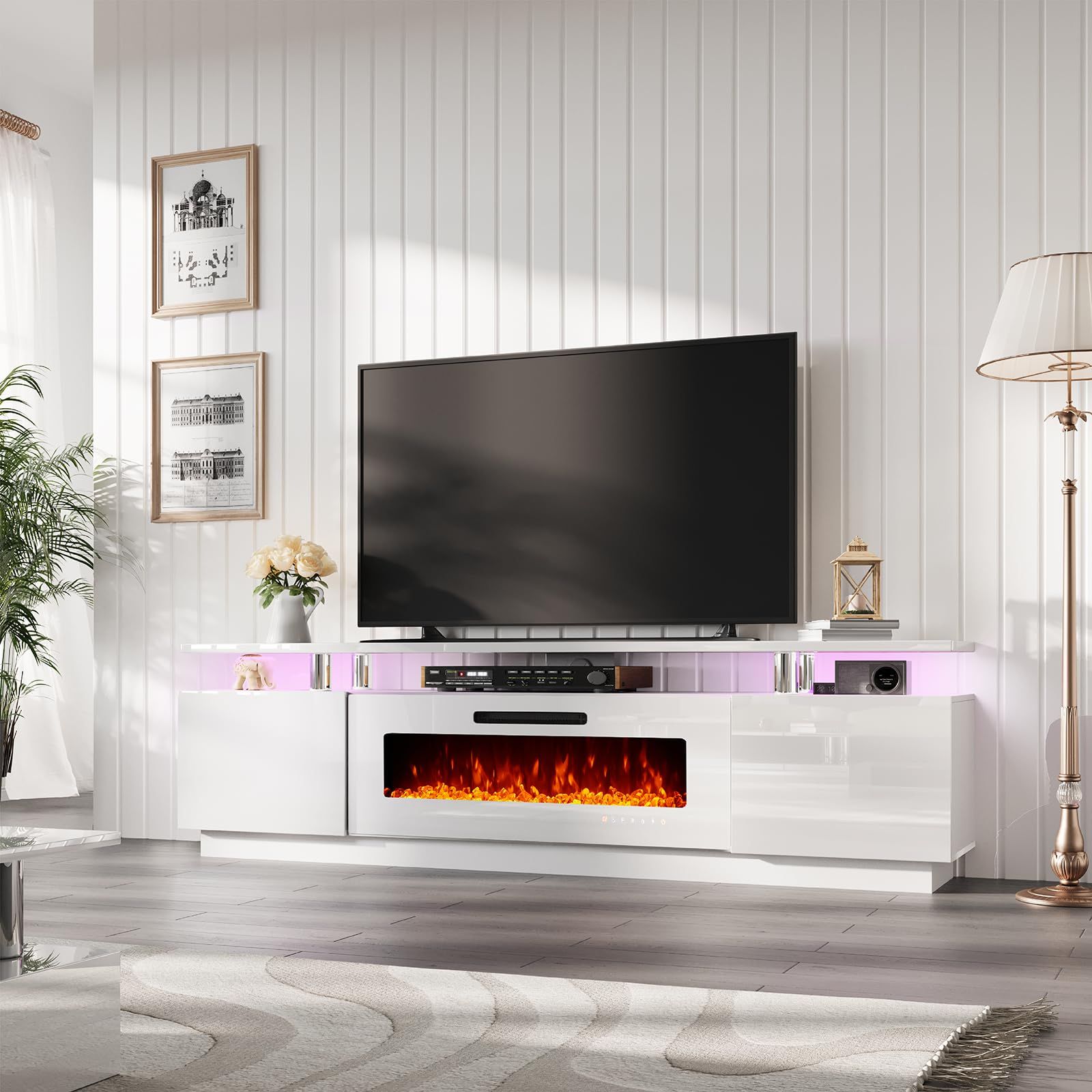 Buy Amerlife 2 Tiers Fireplace Tv Stand With 40" Fireplace, 80" Modern ... with Choosing the right white fireplace tv stand for large format television displays