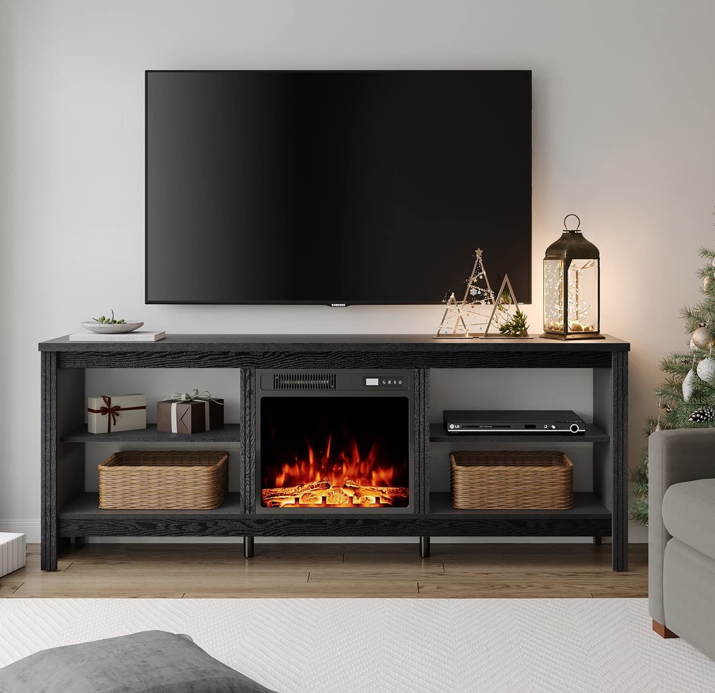 Buy Wampat Fireplace Tv Stand For 75 Inch Tv, Entertainment Center With ... regarding Classic Entertainment Stand, 4 Open Storage Shelves & Center Fireplace, Charcoal