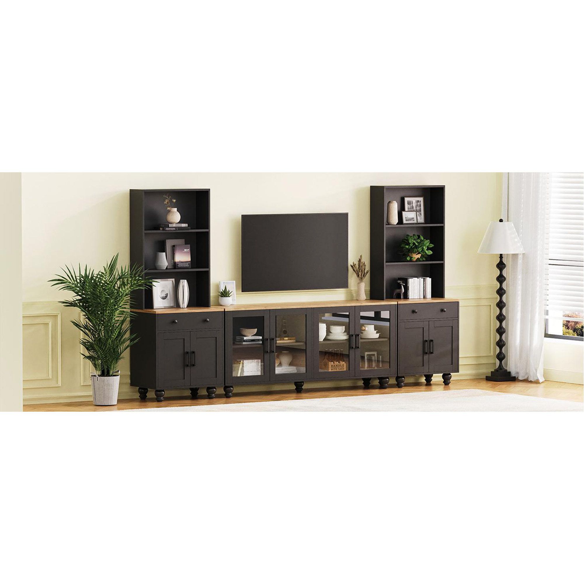 Canora Grey On-Trend Farmhouse Tv Stand With Solid Wood Gourd-Shaped ... with Farmhouse Tv Stand, Tempered Glass Doors And Adjustable Inner Shelves, Salt Oak