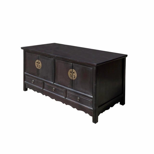 Chinese Dark Brown Stain Low Tv Console Table Cabinet | Chairish for Chinese Oriental Brown Stain Low Tv Console Moon Face Table Cabinet Hcs7572