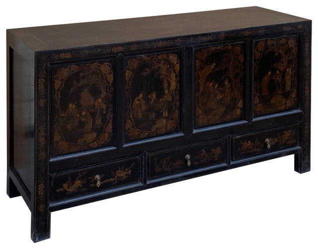 Chinese Distressed Black Golden Graphic Tv Console Table Cabinet ... in Chinese Distressed Red Dragon Motif Tv Console Table Cabinet Hcs5728