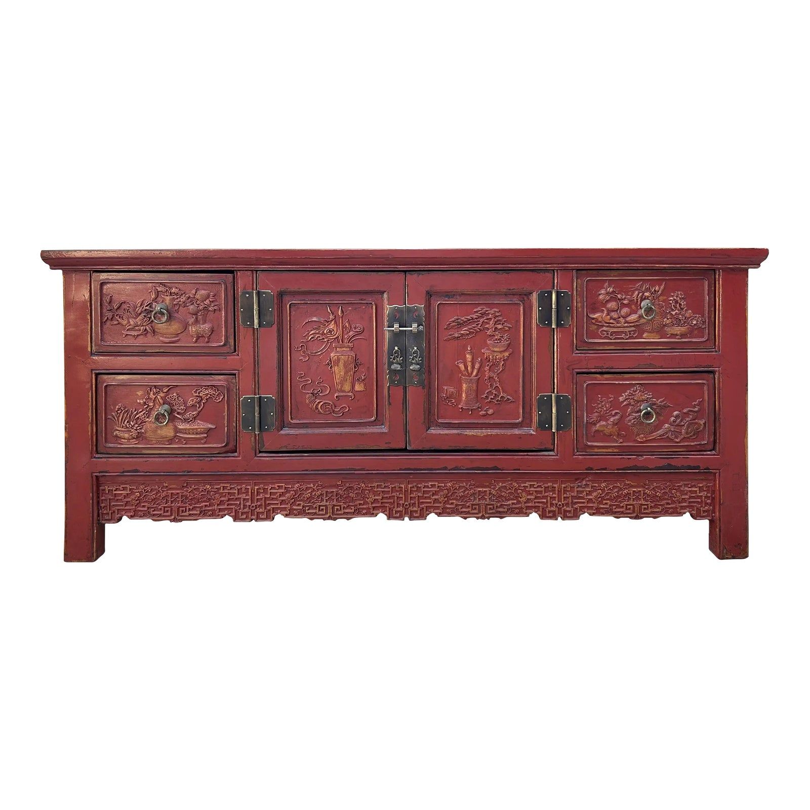 Chinese Distressed Brick Red Flower Relief Pattern Tv Console Table ... with regard to Exploring the Functional Benefits of Low Profile Console Tables in Modern Homes