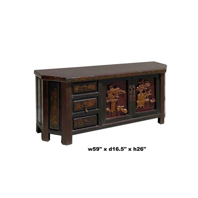 Chinese Distressed Brown Golden Flower Motif Tv Console Table Cabinet ... in Creating Warmth and Power with Distressed Red Dragon Motif Cabinets