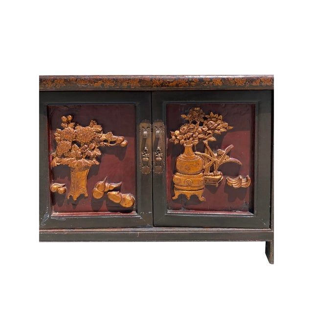 Chinese Distressed Brown Golden Flower Motif Tv Console Table Cabinet ... inside Exploring the Cultural Significance of Traditional Chinese Wooden Furniture Design