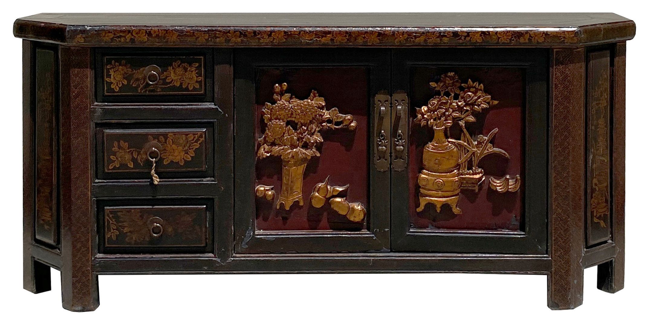 Chinese Distressed Brown Golden Flower Motif Tv Console Table Cabinet ... intended for Chinese Distressed Brown Golden Flower Motif Tv Console Table Cabinet Hcs6127