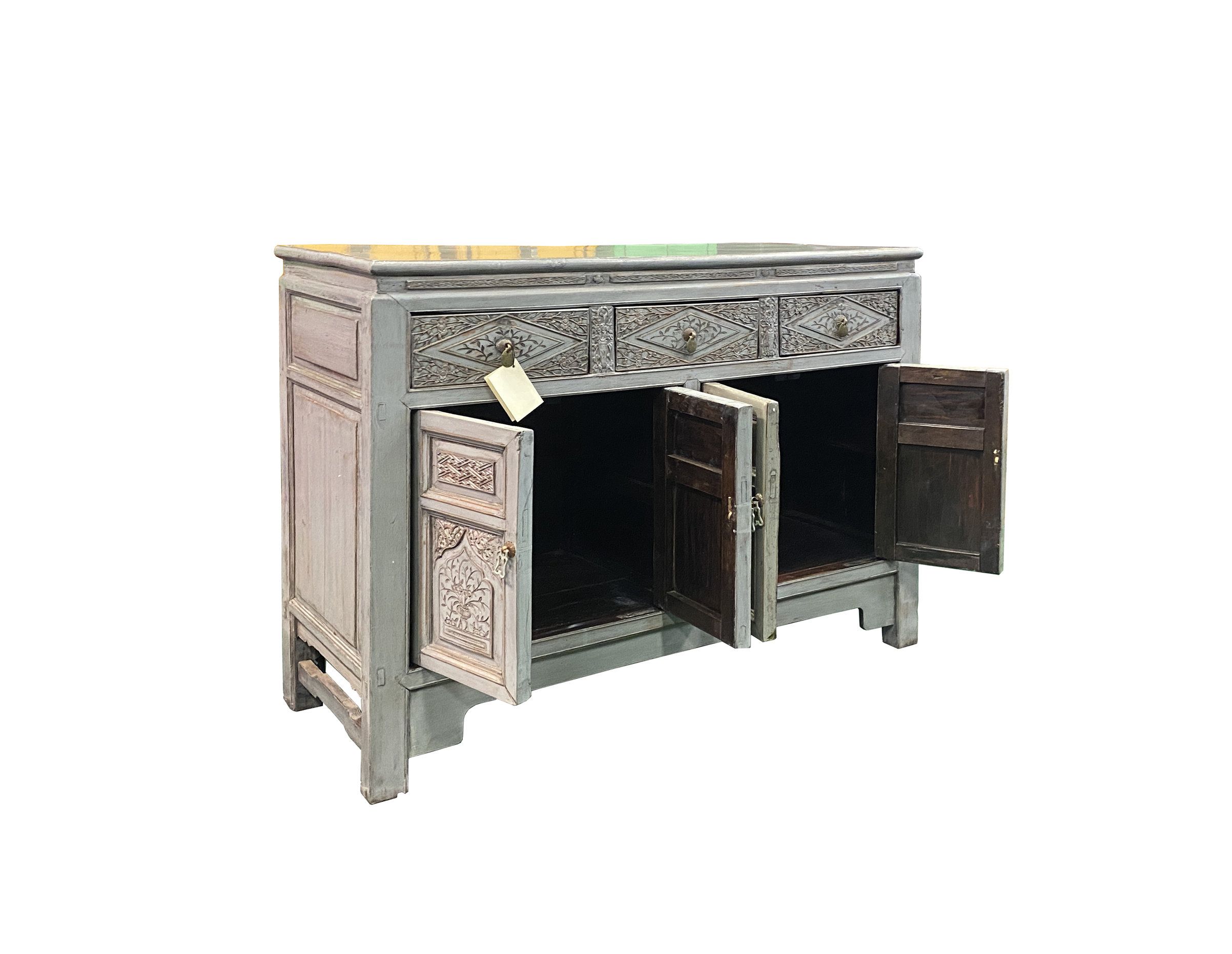 Chinese Distressed Gray Floral Motif Sideboard Console Table Cabinet ... for Exploring the Cultural Significance of Traditional Chinese Wooden Furniture Design