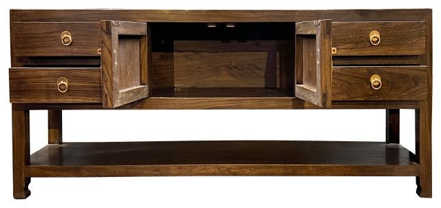 Chinese Oriental Brown Stain Low Tv Console Moon Face Table Cabinet ... within Chinese Oriental Brown Stain Low Tv Console Moon Face Table Cabinet Hcs7572