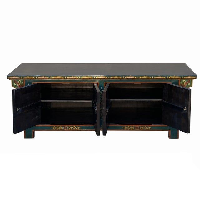 Chinese Tibetan Teal Green Blue Jewel Treasure Graphic Low Tv Console ... pertaining to Chinese Tibetan Teal Blue Orange Floral Graphic Low Tv Console Table Hcs7609