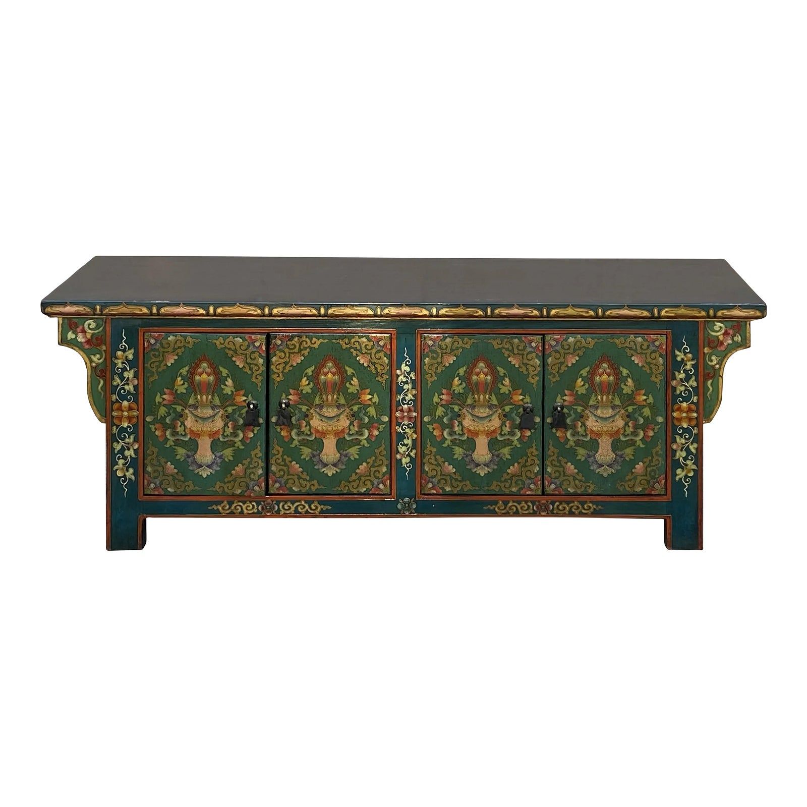 Chinese Tibetan Teal Green Blue Jewel Treasure Graphic Low Tv Console ... with regard to Chinese Tibetan Teal Blue Orange Floral Graphic Low Tv Console Table Hcs7609