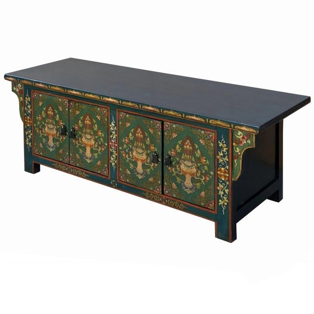 Chinese Tibetan Teal Green Blue Jewel Treasure Graphic Low Tv Console ... within Chinese Tibetan Teal Blue Orange Floral Graphic Low Tv Console Table Hcs7609