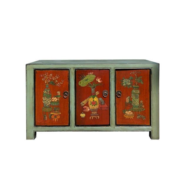 Chinese Vintage Gray Orange Flower Graphic Low Tv Console Cabinet ... pertaining to Understanding the Cultural Heritage Behind Tibetan Teal Blue Orange Floral Design in Modern Furniture