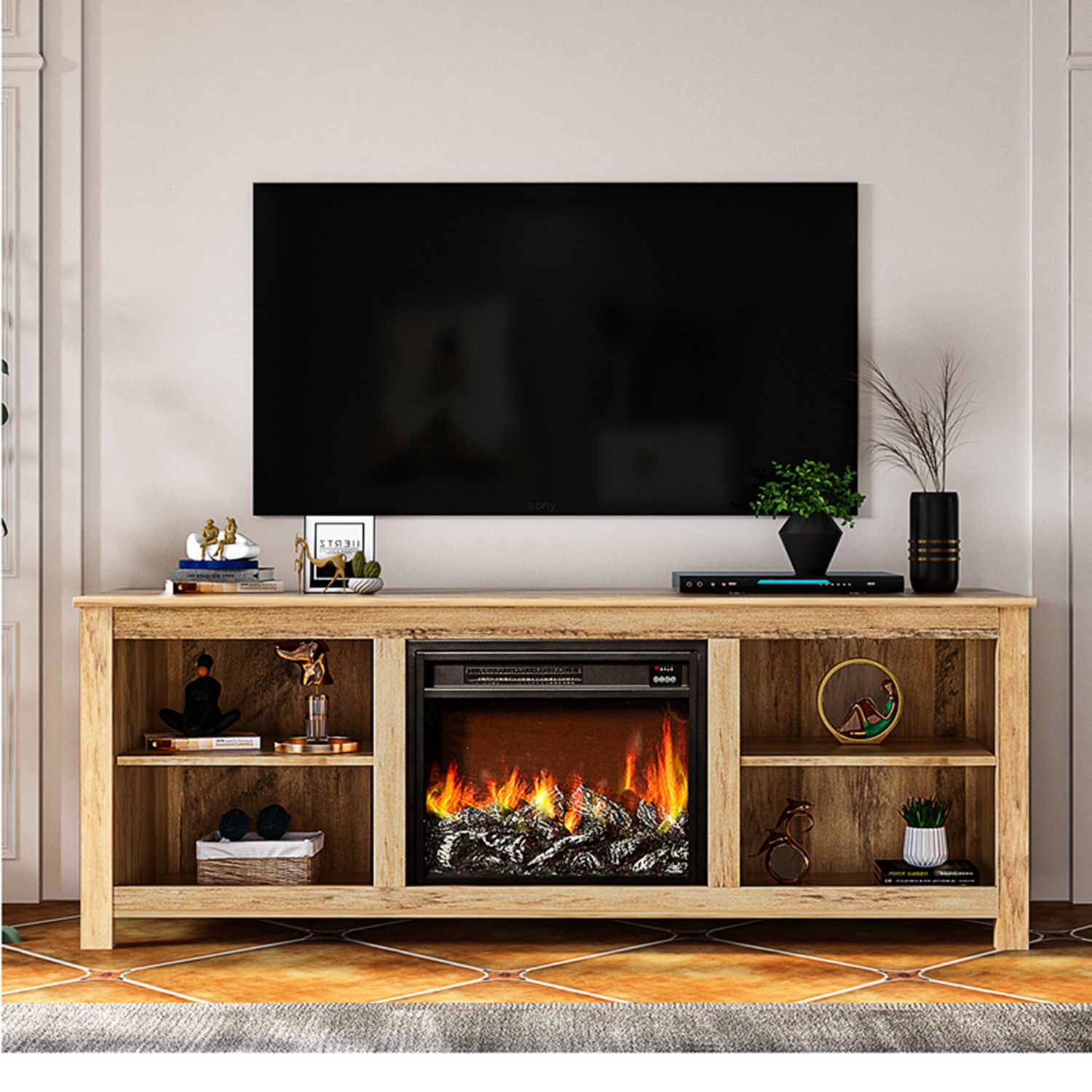 Classic 4 Cubby Fireplace Tv Stand For 65 Inch Tv, Wooden Tv Console ... pertaining to Creating Visual Balance with Center Fireplace Designs