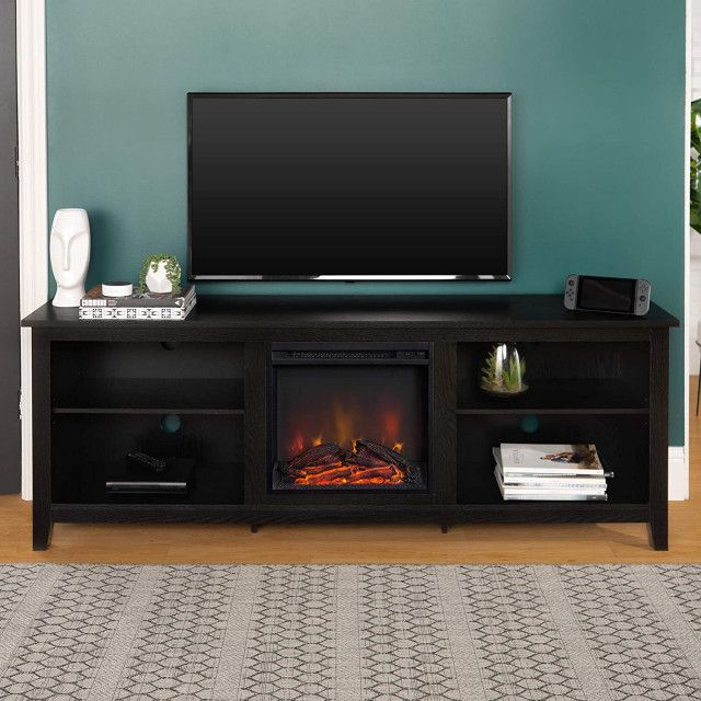 Classic Entertainment Stand, 4 Open Storage Shelves & Center Fireplace ... throughout Classic Entertainment Stand, 4 Open Storage Shelves & Center Fireplace, Charcoal