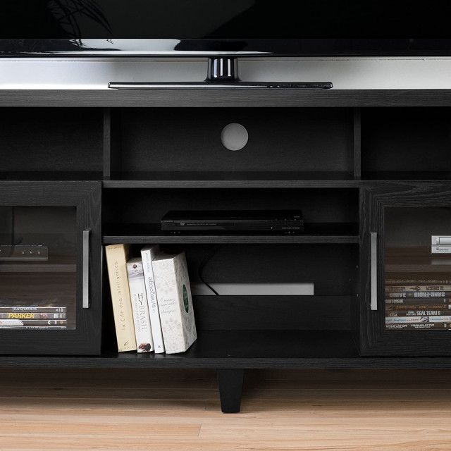 Contemporary Tv Stand, Elegant Design With Glass Doors & Open Shelves ... within Contemporary Tv Stand, Storage Glass Doors And Open Compartments