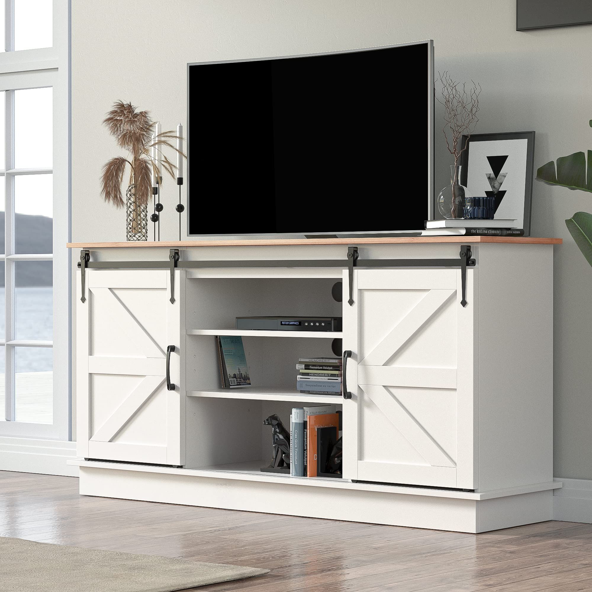 Cozy Castle Farmhouse 70" Tv Stand, Sliding Barn Door Entertainment ... inside Exploring the Versatility of Multicolored Sliding Barn Door Sideboard Solutions