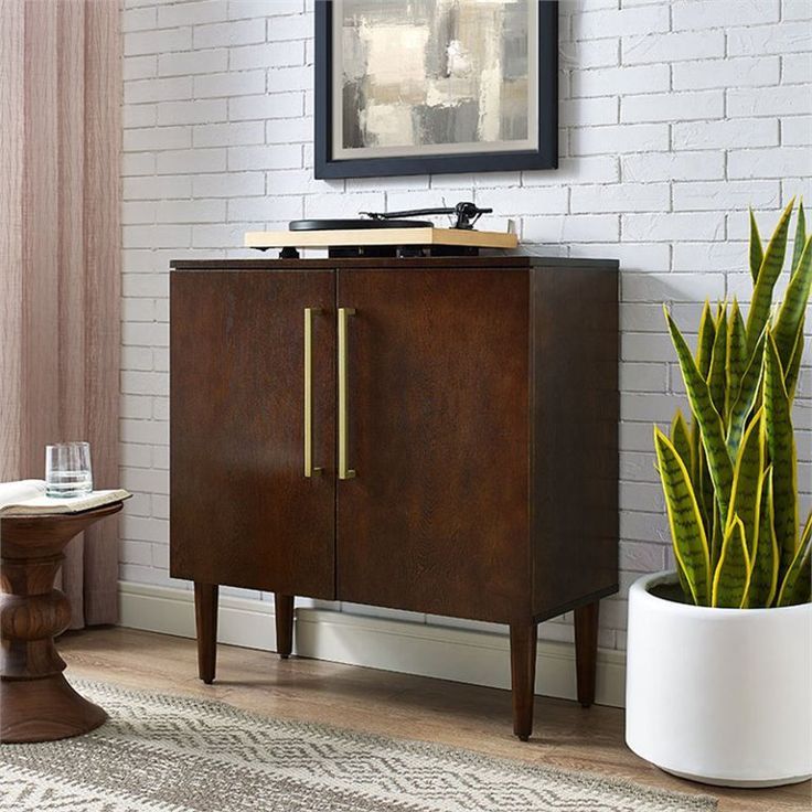 Crosley Furniture Everett Wood 2 Door Console Table In Mahogany/Gold ... pertaining to Crosley Furniture Everett Wood Media Console Table In Mahogany/Gold