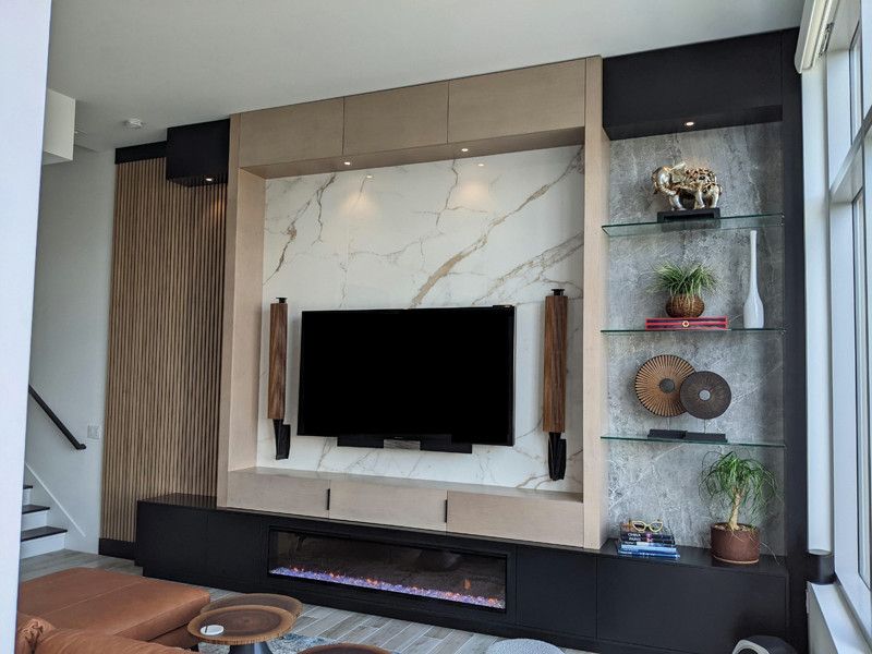 Custom Built-In Modern Entertainment Center With Wood Slatted Wall And ... for Contemporary Entertainment Center, Pine Wood Frame & Glass Doors