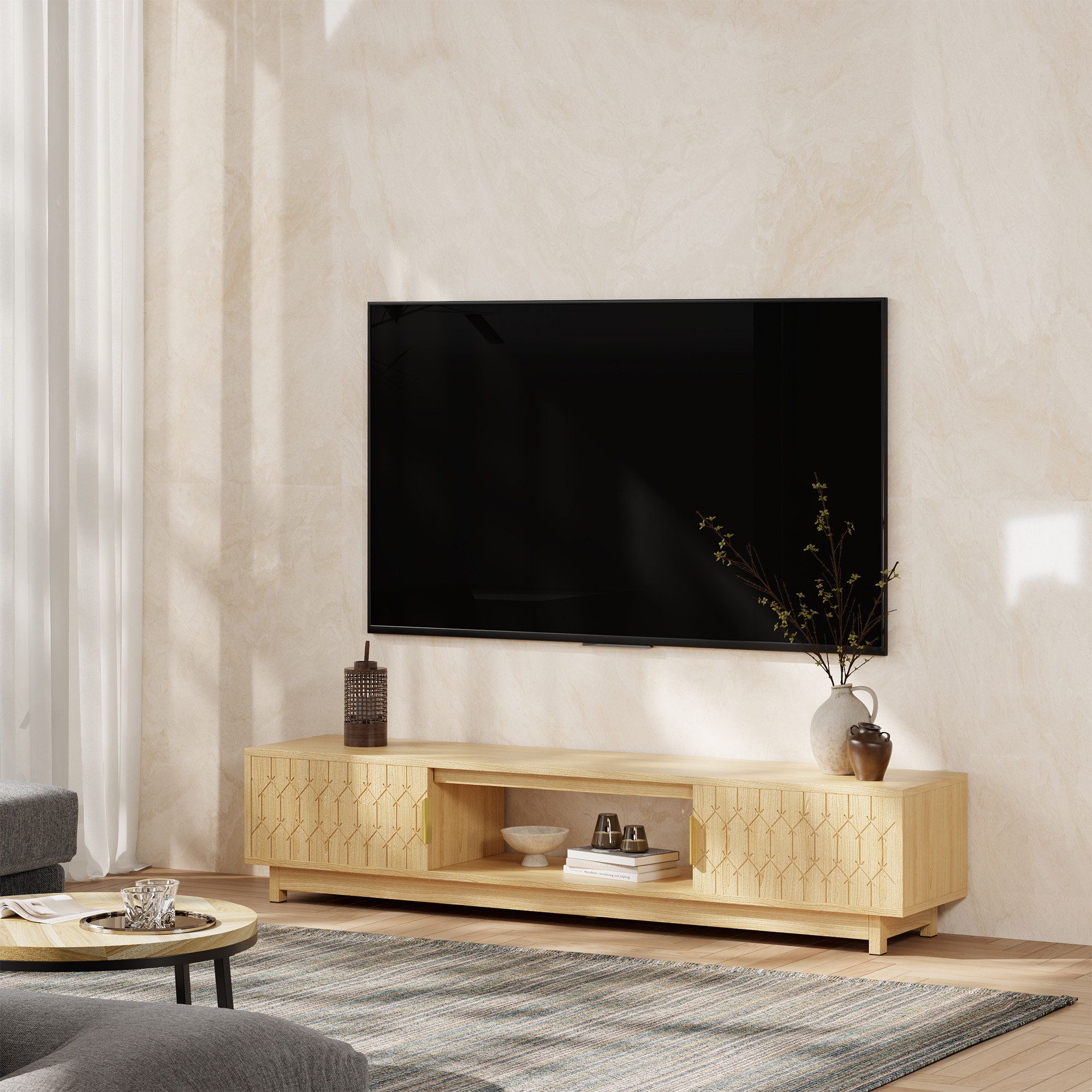 Ebern Designs Modern 70" L Tv Stand With 2 Door Cabinets And Open ... with regard to The Art of Balancing Form and Function in Media Room Design
