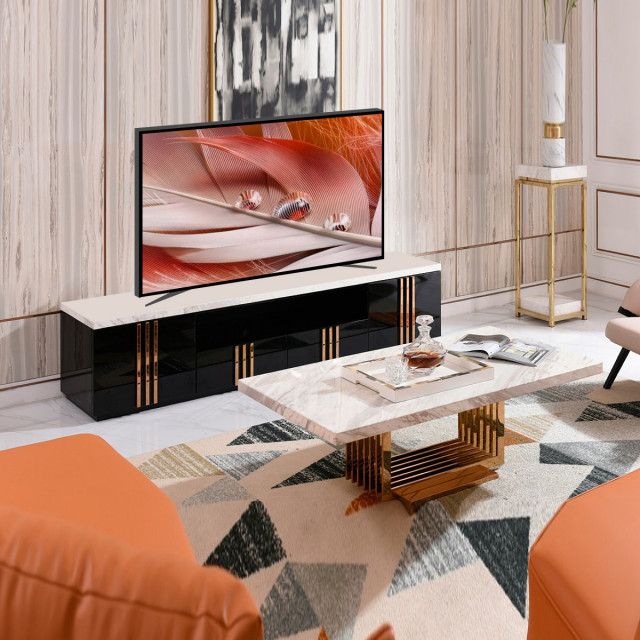 Empire Tv Stand, White Marble Media Cabinet, 95" Rosegold Black Tv ... regarding Empire Tv Stand, White Marble Media Cabinet, 95" Rosegold Black Tv Storage