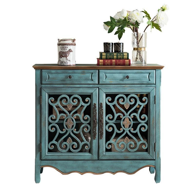 Farmhouse Distressed Blue 2 Door Accent Cabinet With Drawers & Storage ... inside Distressed Blue 2 Doors Credenza Sideboard Console Table Cabinet