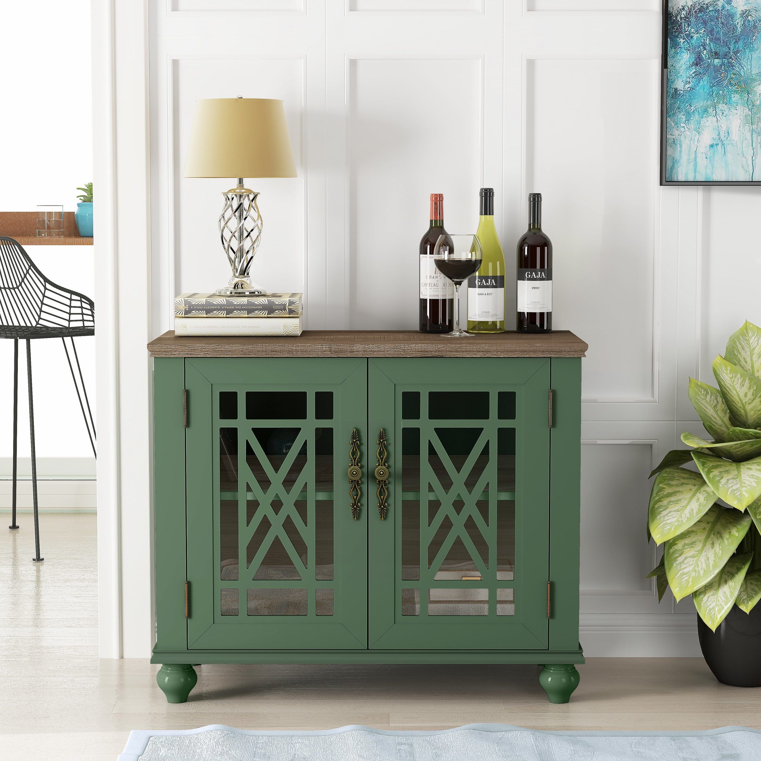 "Festivo 38"" Wood Kitchen Buffet Sideboard Cabinet - Green, Dining ... for Rustic Cottage Blue Green Lattice Media Console Cabinet Vintage Style Wood