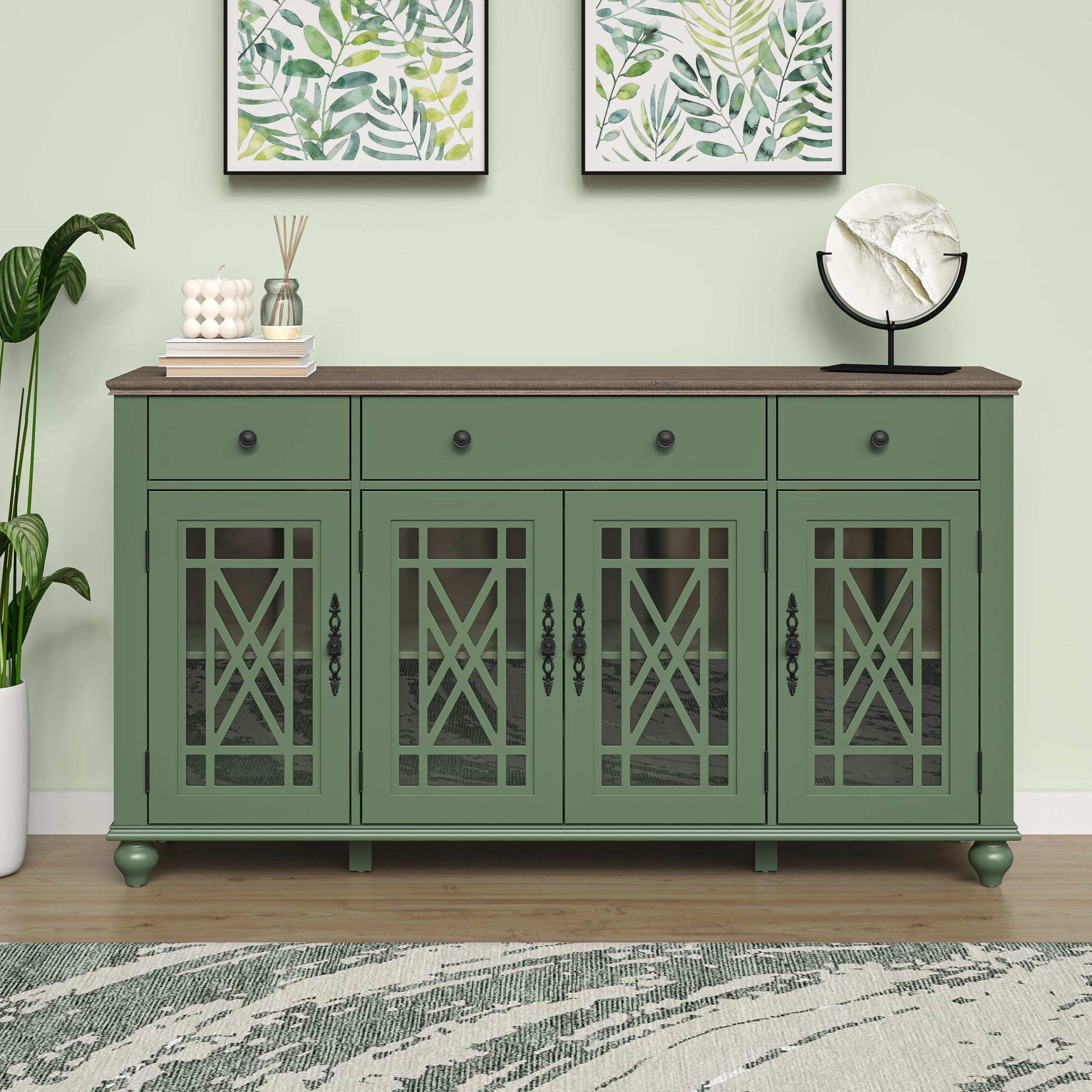 Festivo 63" Vintage Style Kitchen Buffet Sideboard Cabinet W/ Drawers ... inside Rustic Cottage Blue Green Lattice Media Console Cabinet Vintage Style Wood
