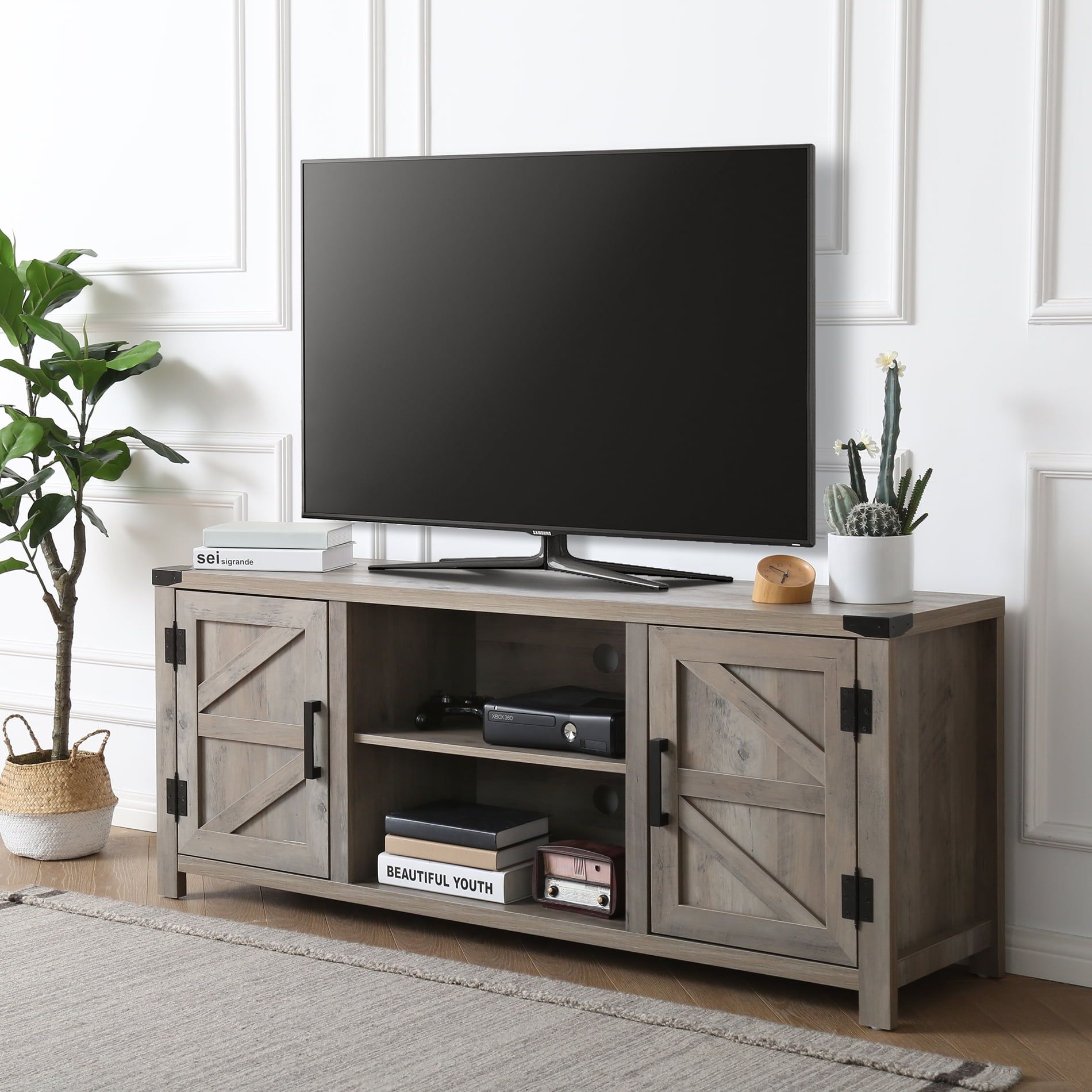 Fitueyes Farmhouse Barn Door Wood Tv Stands For 70&amp;#039;&amp;#039; Flat Screen, Media ... in The Art of Integrating Storage Solutions in Modern Home Design