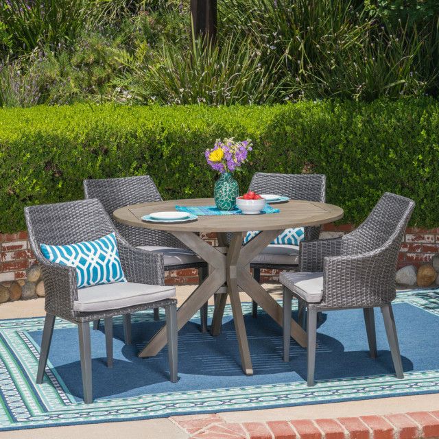 Gdf Studio 5-Piece Linsey Outdoor Wood And Wicker Dining Set, Gray ... in Gdf Studio 5-Piece Zack Outdoor Wood Dining Set With Straight Legged Table, Gray