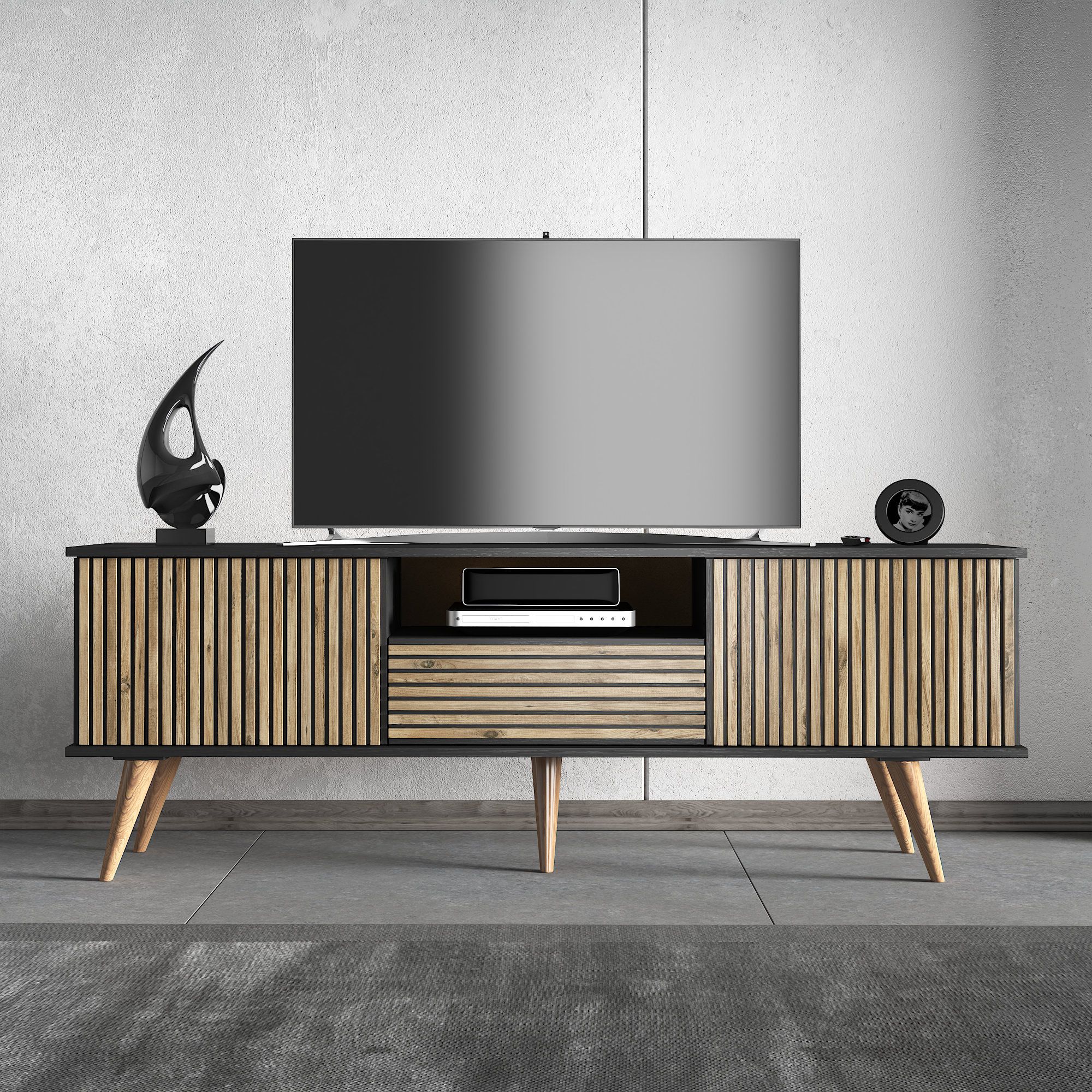 George Oliver Frimmy Modern Fluted Tv Stand Up To 80" Tvs Mid Century ... with Mid Century Modern Tv Stand, Sliding Slatted Doors & Center Drawer, Charcoal