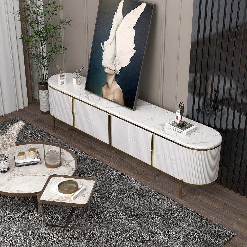Gline Modern Oval Tv Stand White Marble Top With Drawers & Storage For ... throughout Empire Tv Stand, White Marble Media Cabinet, 95" Rosegold Black Tv Storage
