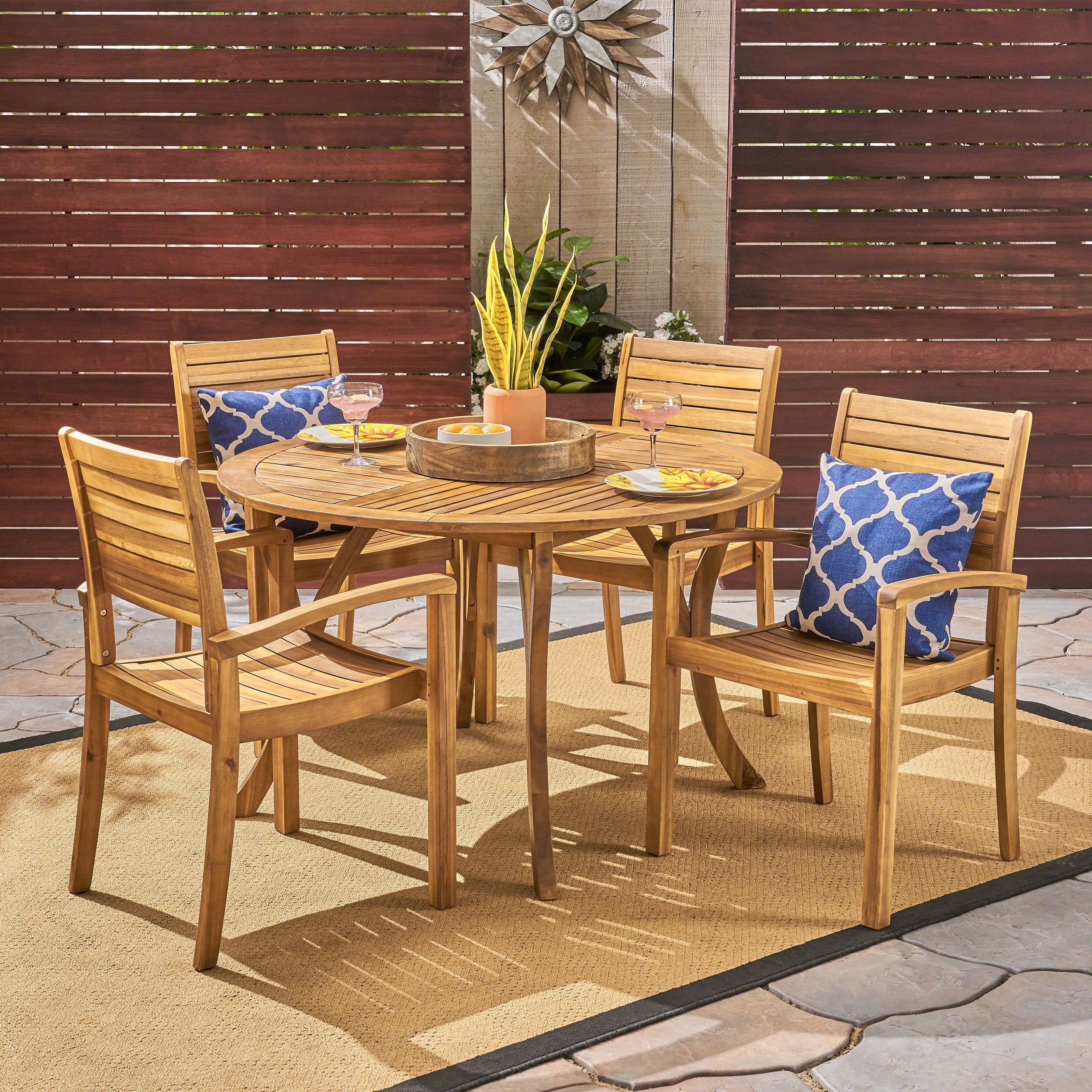 Kace Outdoor 5 Piece Acacia Wood Round Dining Set, Teak - Walmart.com intended for 5-Piece Outdoor Patio Teak Dining Set - 48&amp;quot; Butterfly Table &amp;amp; 4 Lagos Arm Chairs