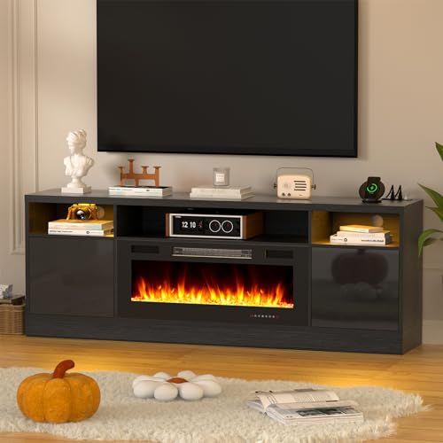 Kucreiheat Electric Fireplace Tv Stand With Led Lights And Outlets ... with Modern Tv Stand, Center Fireplace & Multiple Open Storage Shelves