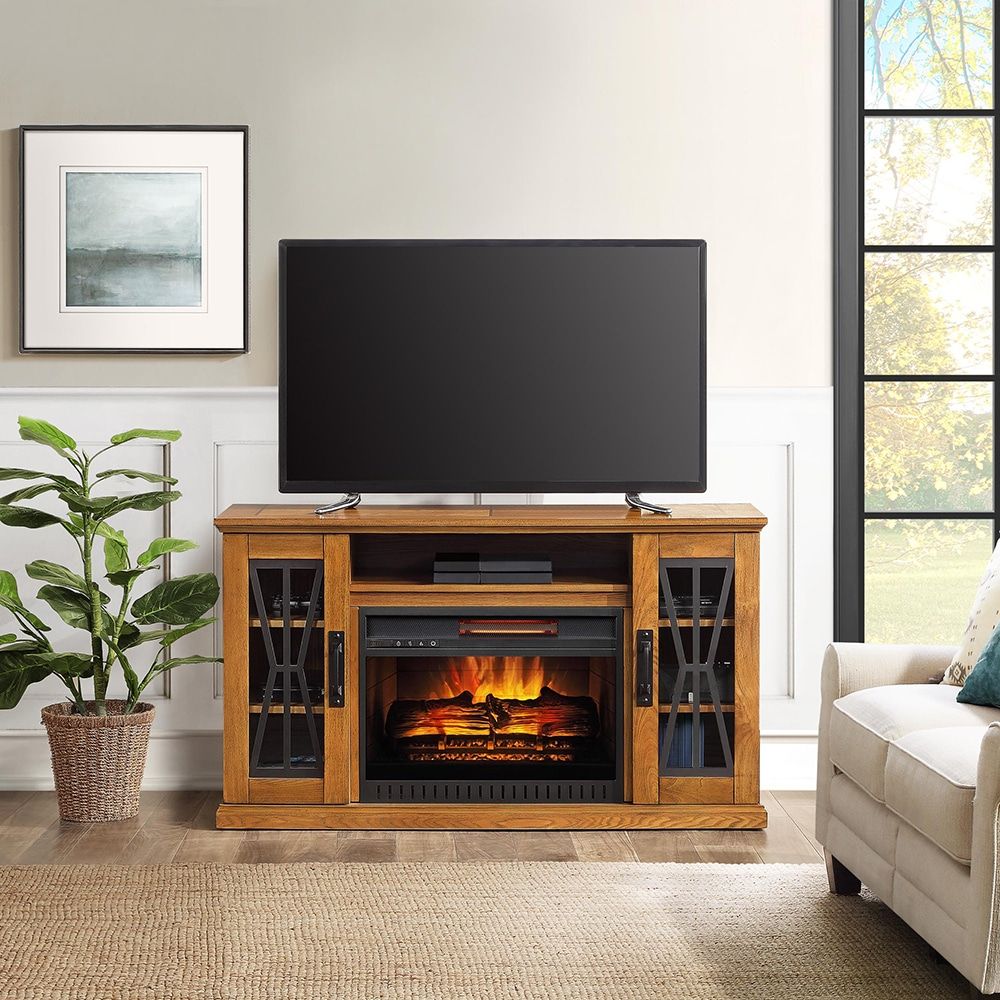 Linwood 48In Golden Oak Electric Fireplace Entertainment Center ... throughout Inside the construction process of Eagle Furniture&amp;#039;s acclaimed 48 inch Oak Ridge TV console