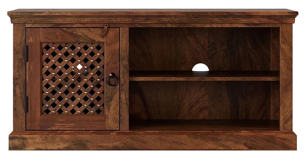 Maharani Sheesham Tv Unit, Indian Wood, Small Cabinet 115Cm, Stand Upto ... in Arvada 2-Door Iron Jali Solid Wood Plasma/Tv Stand In Brown/Multi-Color