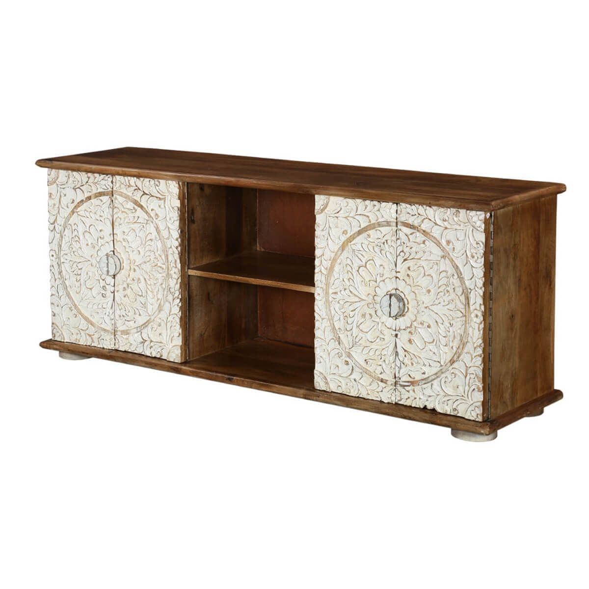 Mandala 59&amp;quot; Hand Carved &amp;amp; Painted Solid Wood Tv Stand Media Console pertaining to 58&amp;quot; Distressed Off White Farmhouse Boho Mandala Lace Carved Tv Stand