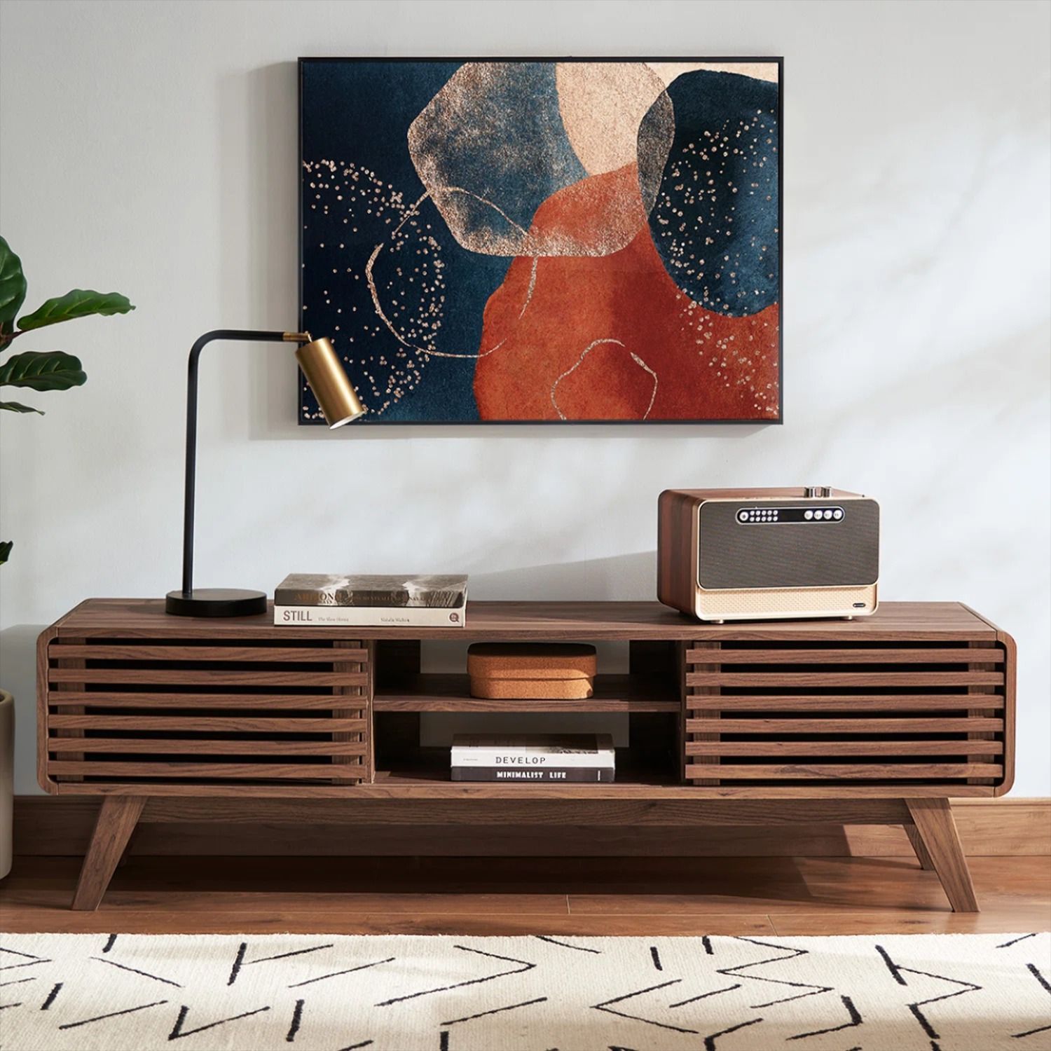 Mcm Wood Media Console / Tv Stand With Wood Slating / Panels | Sofa ... in Beaumont Lane Modern Wood Entertainment Console For Tvs Up To 69&amp;quot; In Brown